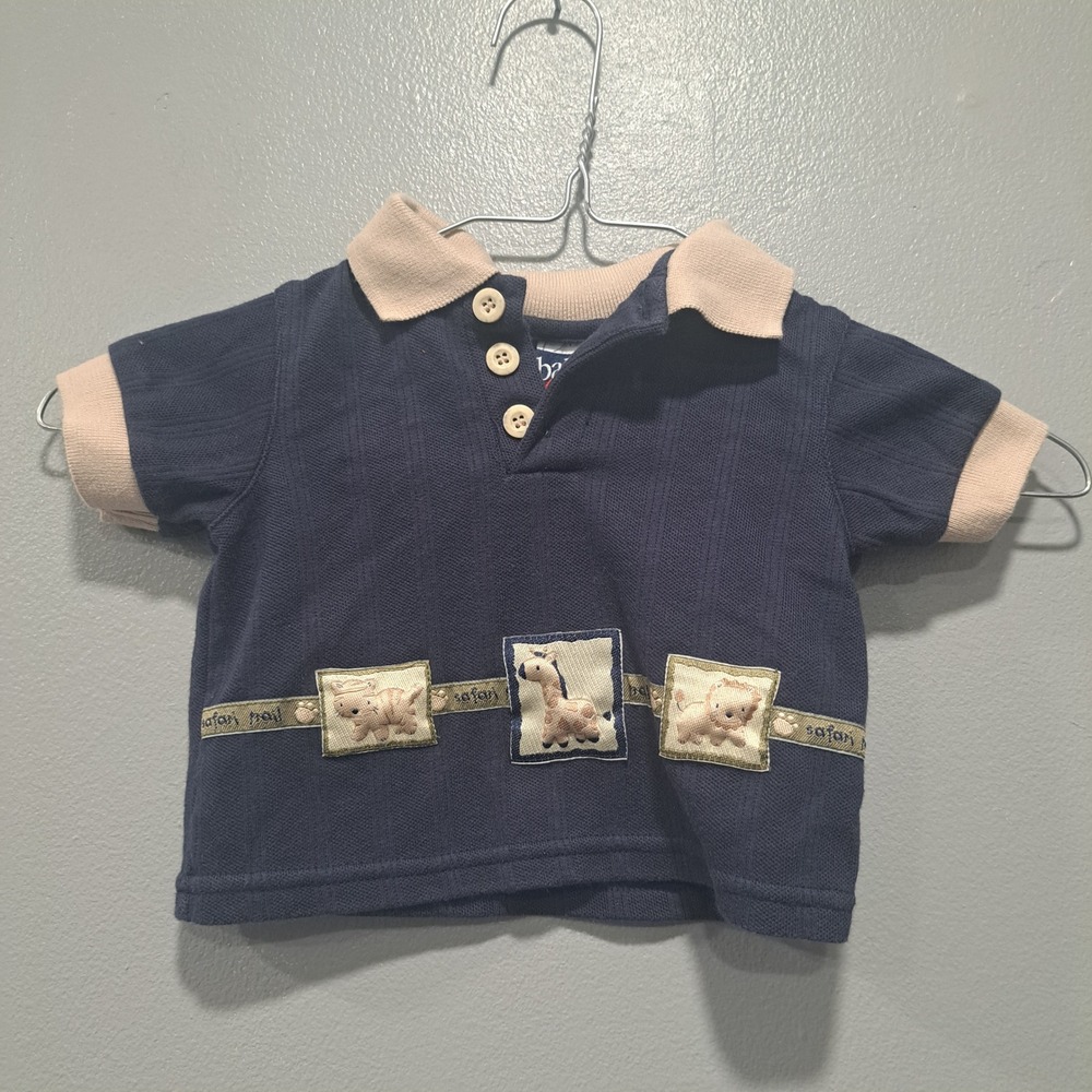 Baby Q Safari Animal Polo Shirt Navy Tan‎ 6-9 Months Vintage Style Giraffe Lion
